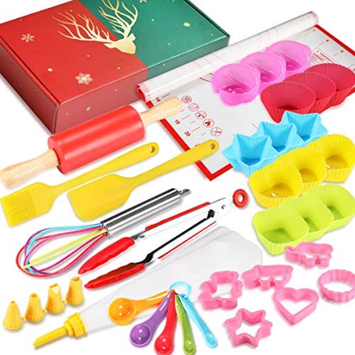 Shacoryze Kids Cooking and Baking Set 40 Pcs with Gift Box, Real Kitchen Utensils Kit for Children Toddlers Teens, Gift for Girls&Boys, Nonstick Rolling Pin Silicone Pastry Mat Cupcake Molds