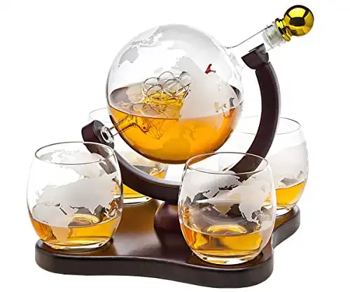 Whiskey Decanter Globe Set with 4 Etched Globe Whisky Glasses